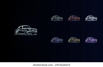 A set of neon vintage car symbols. Set of different color symbols, faint neon glow. Vector illustration on black background