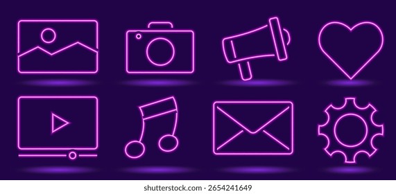 Conjunto de ícono de línea violeta de neón para redes sociales. conjunto de íconos de Web para bloggers e influencers. Incluye símbolos para blog Video, monetización, contenido, música y redes sociales. Línea de trazo editable. Vector