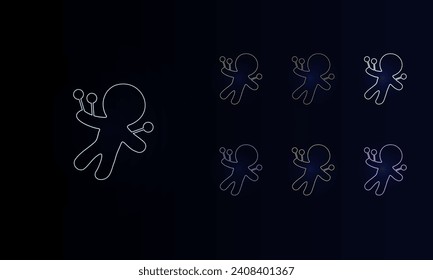 A set of neon Voodoo Doll symbols. Set of different color symbols, faint neon glow. Vector illustration on black background