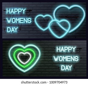 Set of Neon Vouchers. Women's and Valentine's Day style, modern design. Can be used on flyers, baners or web. Brick wall with neon inscription Happy Womens Day. Vector illustration. EPS 10.