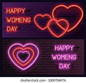 Set of Neon Vouchers. Women's and Valentine's Day style, modern design. Can be used on flyers, baners or web. Brick wall with neon inscription Happy Womens Day. Vector illustration. EPS 10.