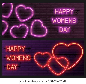 Set of Neon Vouchers. Women's and Valentine's Day style, modern design. Can be used on flyers, baners or web. Brick wall with neon inscription Happy Womens Day. Vector illustration. EPS 10.