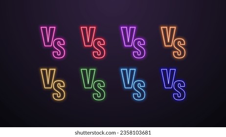 A set of neon VS versus icons in the colors green blue orange yellow purple pink and red on a dark background.