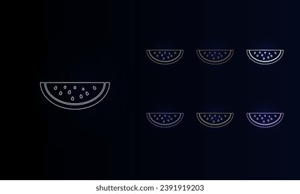A set of neon watermelon piece symbols. Set of different color symbols, faint neon glow. Vector illustration on black background