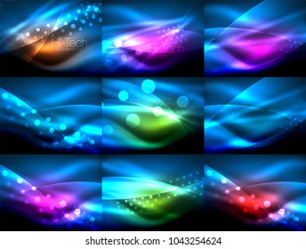 Set of neon wave backgrounds with light effects, curvy lines with glittering and shiny dots, glowing colors in darkness, vector magic energy illustrations
