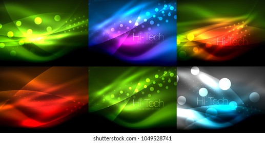 Conjunto de fondos de ondas neónicas con efectos de luz, líneas curvadas con puntos brillantes y brillantes, colores brillantes en la oscuridad, ilustraciones de energía mágica vectorial
