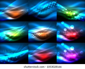 Set of neon wave backgrounds with light effects, curvy lines with glittering and shiny dots, glowing colors in darkness, vector magic energy illustrations