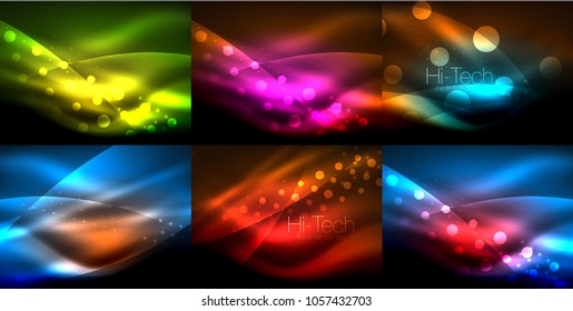 Set of neon wave backgrounds with light effects, curvy lines with glittering and shiny dots, glowing colors in darkness, vector magic energy illustrations