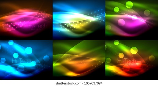 Conjunto de fondos de ondas neónicas con efectos de luz, líneas curvadas con puntos brillantes y brillantes, colores brillantes en la oscuridad, ilustraciones de energía mágica vectorial