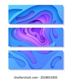 Set of neon wavy flyers in paper cut style. Collection of 3d abstract banners with cut out waves. Blue and violet color gradient cards with holes. Vector cover with origami smooth geometric shapes