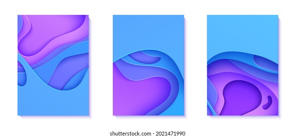 Set of neon wavy flyers in paper cut style. Collection of 3d abstract banners with cut out waves. Blue and violet color gradient cards with holes. Vector cover with origami smooth geometric shapes