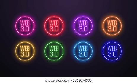 A set of neon web 3.0 icons in a circle in different colors on a dark background.