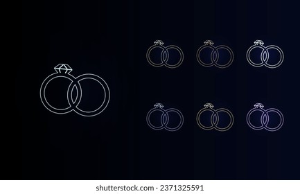 A set of neon wedding rings symbols. Set of different color symbols, faint neon glow. Vector illustration on black background