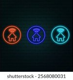 Set of neon wi-fi symbol icons in four different colours isolated on black background. Connection, internet, web, wifi concept. Night signboard style. Vector 10 EPS illustration.