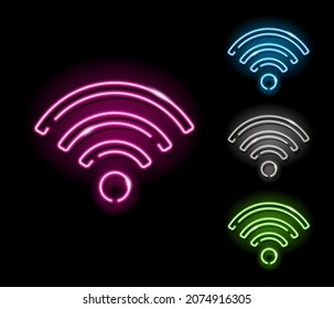 Set of neon wi-fi symbol icons in four different colours isolated on black background. Connection, internet, web, wifi concept. Night signboard style. Vector 10 EPS illustration.