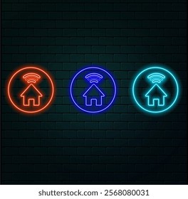 Set of neon wi-fi symbol icons in four different colours isolated on black background. Connection, internet, web, wifi concept. Night signboard style. Vector 10 EPS illustration.