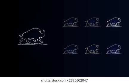 A set of neon wild buffalos. Set of different color symbols, faint neon glow. Vector illustration on black background