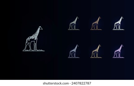 A set of neon wild giraffe symbols. Set of different color symbols, faint neon glow. Vector illustration on black background