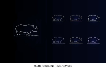 A set of neon wild rhino symbols. Set of different color symbols, faint neon glow. Vector illustration on black background