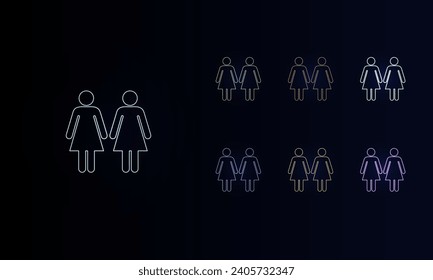 A set of neon woman with woman symbols. Set of different color symbols, faint neon glow. Vector illustration on black background