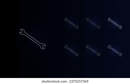 A set of neon wrench symbols. Set of different color symbols, faint neon glow. Vector illustration on black background