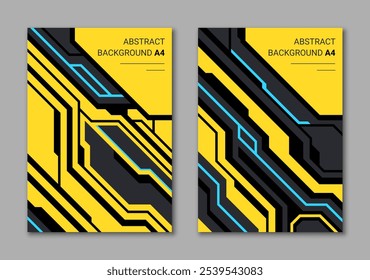 Conjunto de fundos amarelos neon para materiais de marketing de impressão vertical A4 no estilo cyberpunk.