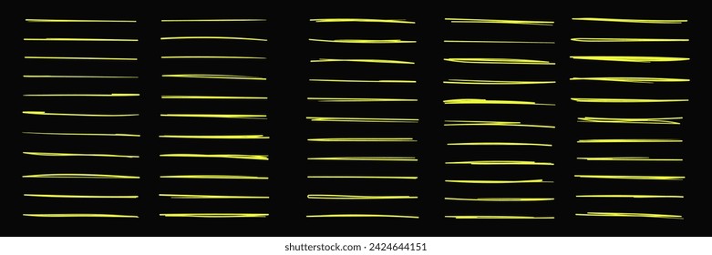 Set of neon yellow underlines and strikethrough doodle lines. Collection of various simple sketch dividers, emphasis, ink pen, marker style. Scribble vector illustration isolated on black background