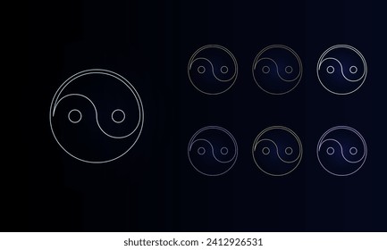 A set of neon yin yang symbols. Set of different color symbols, faint neon glow. Vector illustration on black background