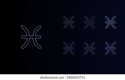 A set of neon zodiac pisces symbols. Set of different color symbols, faint neon glow. Vector illustration on black background