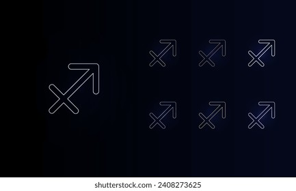 A set of neon zodiac sagittarius symbols. Set of different color symbols, faint neon glow. Vector illustration on black background