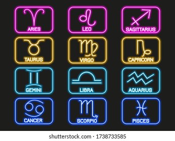 Set neon zodiac signs. Astrology