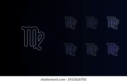 A set of neon zodiac virgo symbols. Set of different color symbols, faint neon glow. Vector illustration on black background