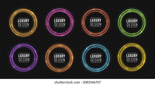 Set of neons circles on transparent backdrop. Multicolored frames with glitter light effect. A flash flies in a circle in a luminous ring.
