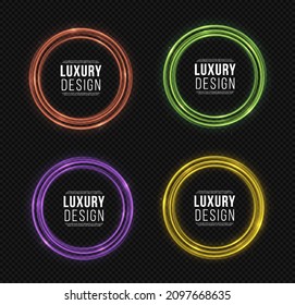 Set of neons circles on transparent backdrop. Multicolored frames with glitter light effect. A flash flies in a circle in a luminous ring.