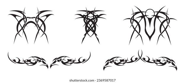 Set of neo-tribal shapes. Cyber sigilism shapes. Abstract ethnic shapes in gothic style. Hand drawn modern elements for typography, tattoo, poster, streetwear, cover.Vector illustration