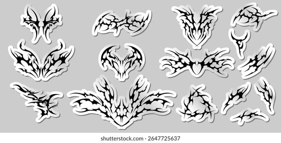 Set of neo-tribal stickers in Y2K style. Vector black and white silhouettes of cyber-graphics and gothic. Wings and abstract shapes. For tattoos, prints, icons. Isolated on gray background.