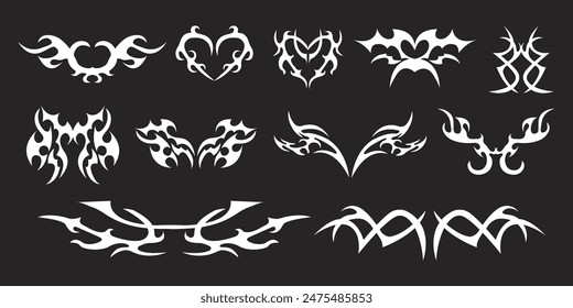 Set Neotribal y2k aesthetic tattoo gothic cover, flame or wings abstract silhouette isolated on background. Divider, border, cyber body ornament, neotribal web goth decoration