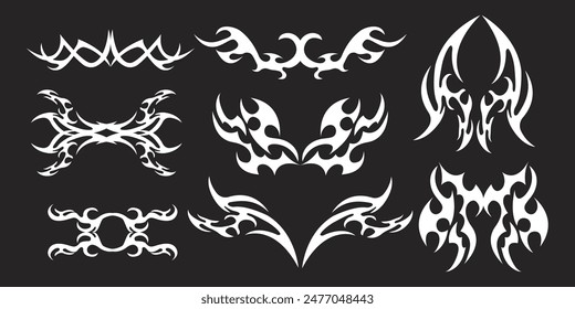 Set Neotribal y2k aesthetic tattoo gothic cover, flame or wings abstract silhouette isolated on background. Divider, border, cyber body ornament, neotribal web goth decoration