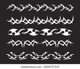 Set Neotribal y2k aesthetic tattoo gothic border cover, flame or wings abstract divider silhouette isolated on background. Divider, border, cyber body ornament, neotribal web goth decoration