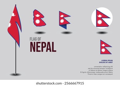 Set of Nepal flag in 5 designs: flag on pole, brush stroke, skew, round and standard. vector, flat, isolated on grey background
