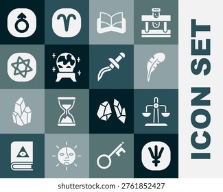 Set Neptune planet, Libra zodiac, Feather pen, Ancient magic book, Magic ball, Tarot cards, Mars and Dagger icon. Vector