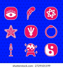 Set planeta Neptuno, bola mágica, Yin Yang, Ouroboros, vela ardiente, Pentagrama, Tarot tarjetas y icono de los masones. Vector