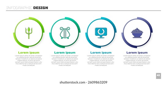 Set Neptune Trident, Ancient lyre, Laurel wreath and Olives in bowl. Business infographic template. Vector