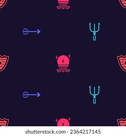 Set Neptune Trident, Arrow, Magic ball and Shield on seamless pattern. Vector