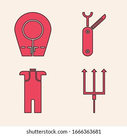 Set Neptune Trident, Diving hood, cuchillo del ejército suizo y Wetsuit para un icono de buceo. Vector