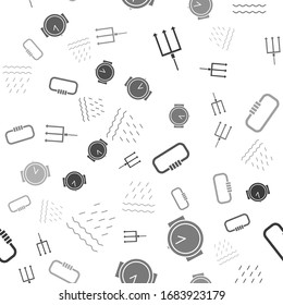 Setzen Sie Neptun Trident, Tauchuhr, Carabiner und Regen und Wellen auf nahtlose Muster. Vektorillustration