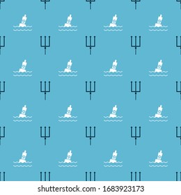 Set Neptune Trident and Floating buoy on the sea on seamless pattern. Vector