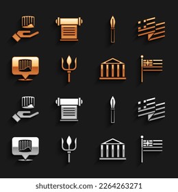 Fijar Tridente Neptuno, bandera nacional de Grecia, Partenón, columna antigua, lanza medieval, y Decreto, pergamino, icono de desplazamiento. Vector