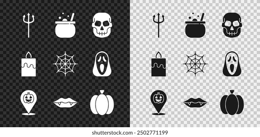 Set Neptune Trident, Halloween witch cauldron, Skull, Pumpkin, Vampire teeth, Burning candle and Spider web icon. Vector