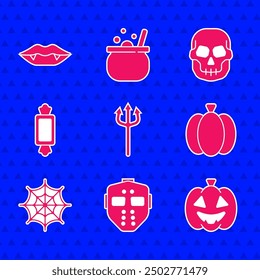 Set Neptune Trident, Hockey mask, Pumpkin, Spider web, Candy, Skull and Vampire teeth icon. Vector